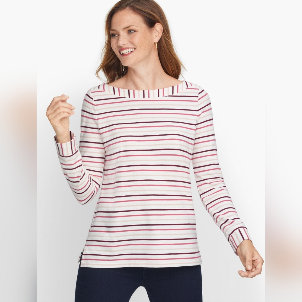 S2 Talbots Textured Bateau Nautical Coastal Palm Beach Stripe Sweater Tee XLp